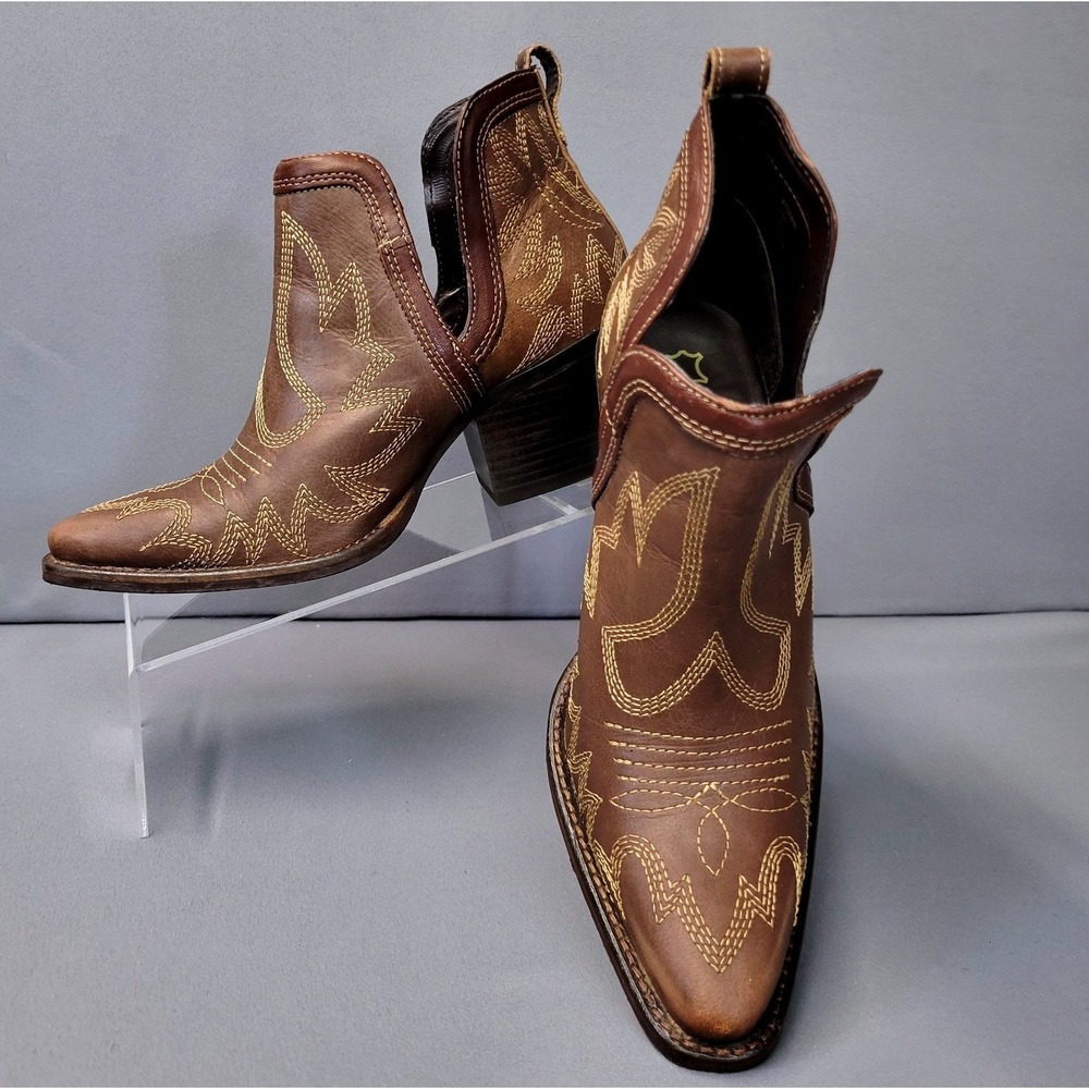 Myra Bag Western Brown Embroidered Cut-Out Leather Ankle Boots Womens 6